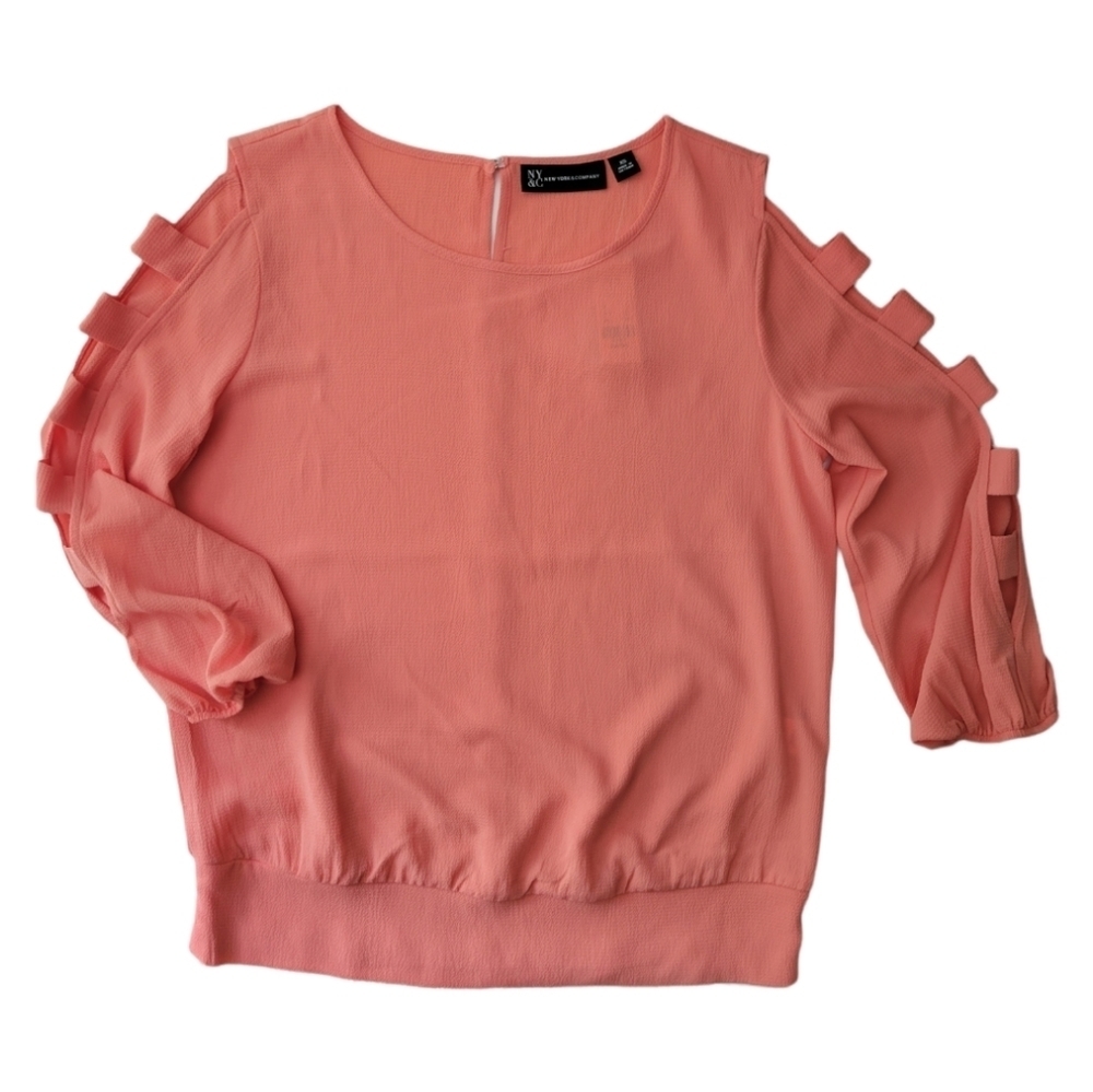 NY & Co Soft Papaya Ladder Sleeve‎ Blouse XS Boho Office Summer NWT - Picture 3 of 8